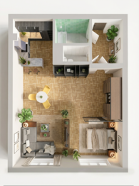 Vizualizace půdorysu po posunutí příčky - Prodej bytu 2+kk v osobním vlastnictví 45 m², Praha 8 - Bohnice