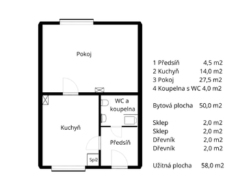 Půdorys - Prodej bytu 1+1 v osobním vlastnictví 58 m², Boskovice