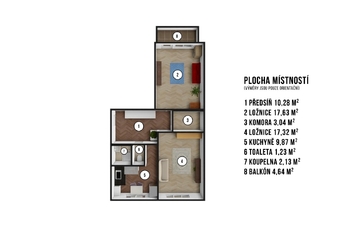 3D model - Pronájem bytu 2+1 v osobním vlastnictví 67 m², Praha 10 - Strašnice