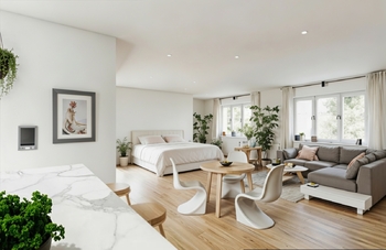 Velkou výhodou je, že prostor nabízí i překvapivě flexibilní možnosti úprav.  - Prodej bytu 2+kk v osobním vlastnictví 45 m², Praha 8 - Bohnice