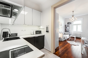 Kuchyňský kout s pohledem do obývacího pokoje - Pronájem bytu 1+kk v osobním vlastnictví 28 m², Praha 6 - Břevnov 