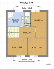 Půdorys 2.NP - Prodej domu 271 m², Průhonice