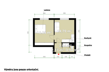půdorys - Prodej bytu 1+1 v osobním vlastnictví 35 m², Plzeň