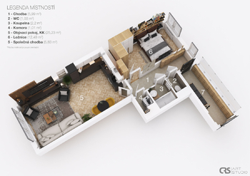 3D půdorys - Prodej bytu 2+kk v osobním vlastnictví 48 m², Praha 4 - Krč