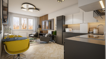 vizualizace obývací pokoj s kuchyňským koutem - Prodej bytu 2+kk v osobním vlastnictví 48 m², Praha 4 - Krč