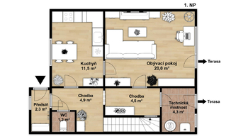 Půdorys 1.NP - Prodej domu 78 m², Měcholupy