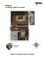 Půdorys - Prodej bytu 1+kk v osobním vlastnictví 31 m², Kroměříž