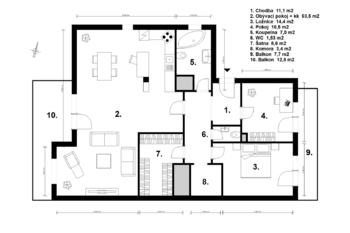 půdorys - Prodej bytu 3+kk v osobním vlastnictví 131 m², Praha 10 - Malešice