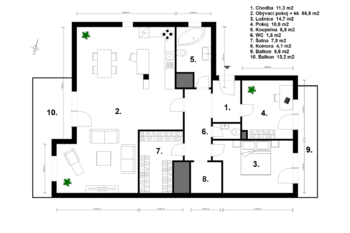 půdorys - Prodej bytu 3+kk v osobním vlastnictví 135 m², Praha 10 - Malešice