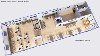 Půdorys s nerozděleným obchodním prostorem - Pronájem obchodních prostor 263 m², Prostějov
