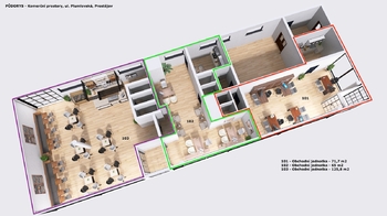 Půdorys s rozdělením na 3 obchodní jednotky - Pronájem obchodních prostor 263 m², Prostějov