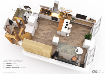 3D půdorys bytu - Pronájem bytu 1+kk v osobním vlastnictví 30 m², Praha 3 - Žižkov