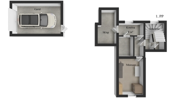 Plánek 1. podzemního podlaží a garáže - Prodej domu 183 m², Praha 5 - Lochkov
