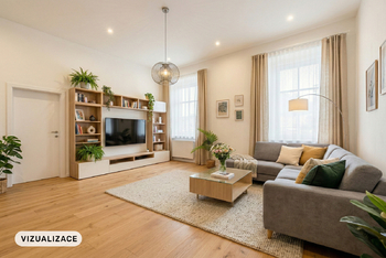 Vizualizace obývacího pokoje - Prodej bytu 3+1 v osobním vlastnictví 79 m², Uničov