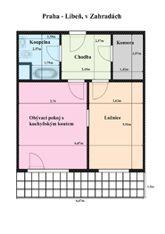 Půdorys bytové jednotky.  - Pronájem bytu 2+kk v osobním vlastnictví 60 m², Praha 8 - Libeň