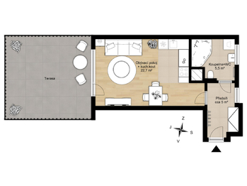 orientační půdorys - Prodej bytu 1+kk v osobním vlastnictví 56 m², Praha 10 - Horní Měcholupy