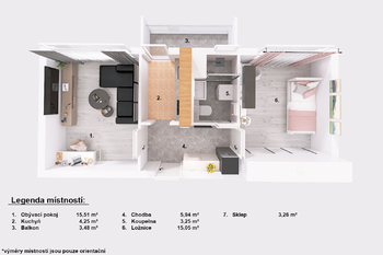 Půdorys. - Pronájem bytu 2+1 v osobním vlastnictví 51 m², Jindřichův Hradec