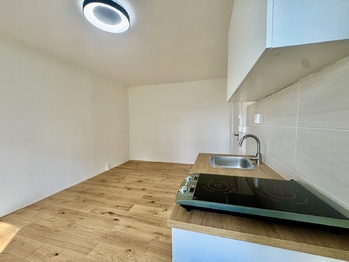 Pohled na obývací část od koupelny - Pronájem bytu 1+kk v osobním vlastnictví 23 m², Liberec