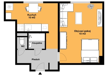 plánek bytu s nábytkem - Pronájem bytu 1+1 v osobním vlastnictví 33 m², Pardubice