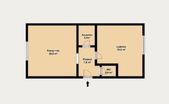 2D půdorys - Prodej bytu 2+kk v osobním vlastnictví 46 m², Brno
