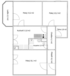 Půdorys bytu - Pronájem bytu 3+1 v osobním vlastnictví 73 m², Třebíč