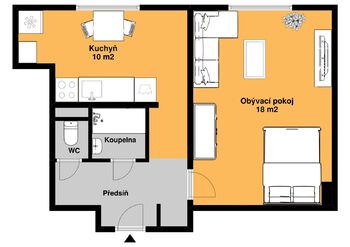 plánek bytu s nábytkem - Prodej bytu 1+1 v osobním vlastnictví 33 m², Pardubice