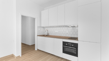 Pohled na kuchyňskou linku a vstupní předsíň - Pronájem bytu 1+kk v družstevním vlastnictví 27 m², Praha 9 - Libeň