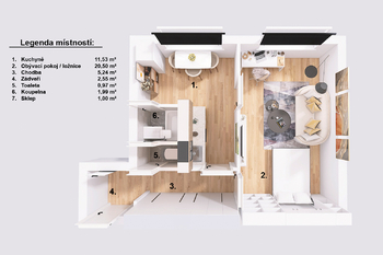 Půdorys. - Pronájem bytu 1+1 v osobním vlastnictví 44 m², Jindřichův Hradec