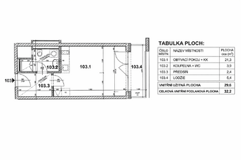 Plánek bytu - Pronájem bytu 1+kk v osobním vlastnictví 35 m², Praha 9 - Hloubětín