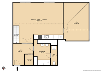 2D půdorys spodní patro - Prodej bytu 3+kk v osobním vlastnictví 110 m², Praha 10 - Vršovice