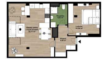 Půdorys bytu - Prodej bytu 2+kk v osobním vlastnictví 59 m², Plzeň