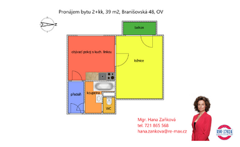 plánek - Pronájem bytu 2+kk v osobním vlastnictví 37 m², České Budějovice