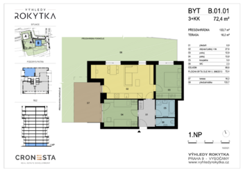 Plánek - Pronájem bytu 3+kk v osobním vlastnictví 72 m², Praha 9 - Vysočany