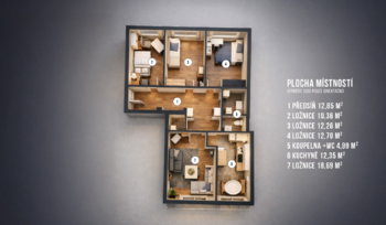 3D půdorys - Prodej bytu 4+1 v osobním vlastnictví 96 m², Praha 9 - Vinoř