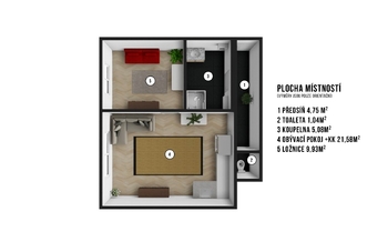 3D model - Pronájem bytu 2+kk v osobním vlastnictví 44 m², Praha 8 - Libeň