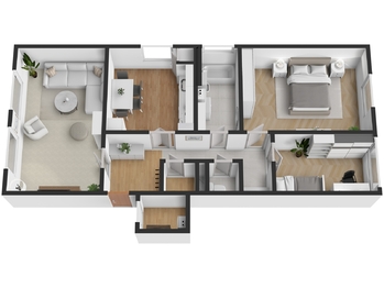 Půdorys bytu 3D - Prodej bytu 3+1 v osobním vlastnictví 84 m², Bruntál