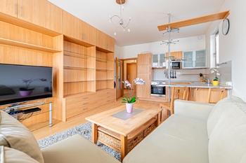 Stěna v pokoji opět poskytuje spoustu úložného místa - Pronájem bytu 2+kk v osobním vlastnictví 47 m², Praha 5 - Smíchov