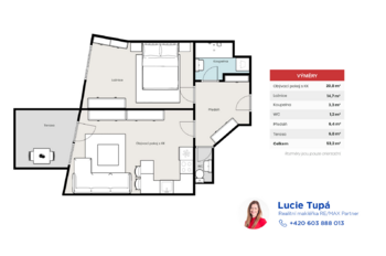 Půdorys bytu - Pronájem bytu 2+kk v osobním vlastnictví 47 m², Praha 5 - Smíchov