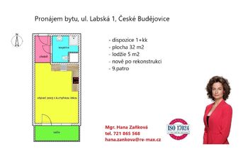 plánek - Pronájem bytu 1+kk v osobním vlastnictví 32 m², České Budějovice