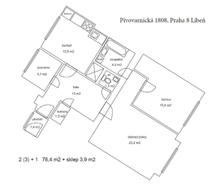 půdorys bytu - Pronájem bytu 3+1 v osobním vlastnictví 78 m², Praha 8 - Libeň