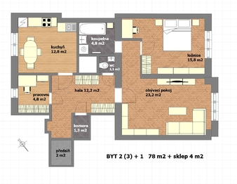 půdorys bydlení pro dvě osoby - Pronájem bytu 3+1 v osobním vlastnictví 78 m², Praha 8 - Libeň
