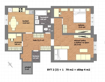 půdorys spolubydlení - Pronájem bytu 3+1 v osobním vlastnictví 78 m², Praha 8 - Libeň