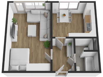 Půdorys 3D - Prodej bytu 1+1 v družstevním vlastnictví 35 m², Ostrava