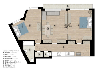2D barevný půdorys - Prodej bytu 3+kk v osobním vlastnictví 88 m², Praha 1 - Nové Město