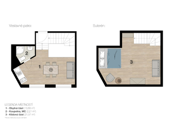 Suterén- 2D barevný půdorys - Prodej bytu 3+kk v osobním vlastnictví 88 m², Praha 1 - Nové Město