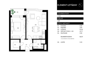 Prodej bytu 2+kk v osobním vlastnictví 53 m², Praha 9 - Letňany
