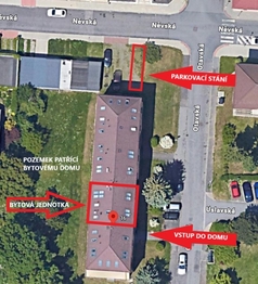 Situace bytového domu, bytové jednotky a parkovacího stání vyhrazené k bytové jednotce.  - Pronájem bytu 3+kk v osobním vlastnictví 82 m², Praha 9 - Čakovice