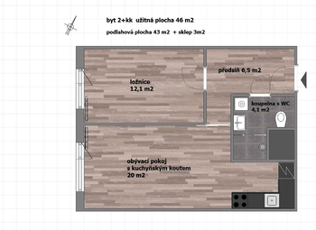 půdorys bytu - Pronájem bytu 2+kk v osobním vlastnictví 46 m², Praha 5 - Stodůlky