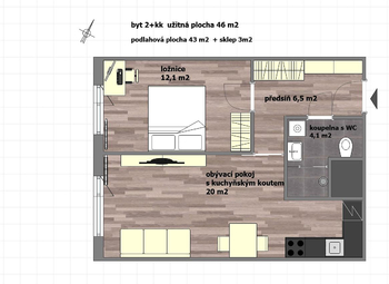 příklad možného uspořádání nábytku - Pronájem bytu 2+kk v osobním vlastnictví 46 m², Praha 5 - Stodůlky