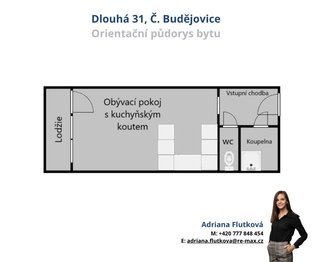 Orientační půdorys bytu - Pronájem bytu 1+kk v družstevním vlastnictví 27 m², České Budějovice